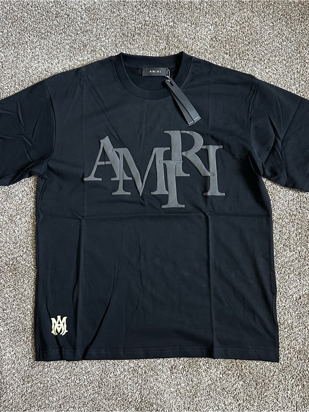 AMIRI Black Short Sleeve Logo Crewneck Tee with Tonal Chest Print